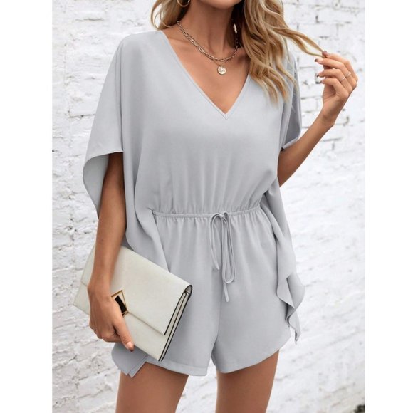 Batwing Sleeve Drawstring Waist Ruffle Trim Romper grey - Picture 4 of 6